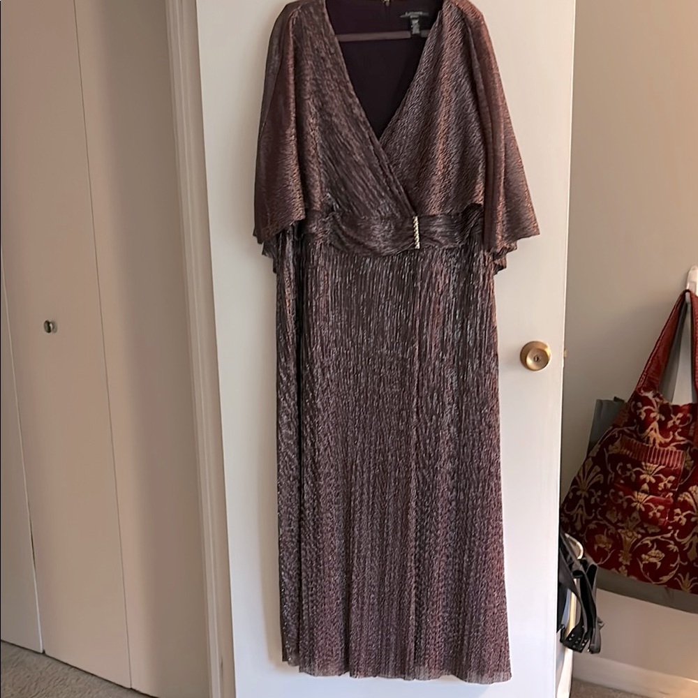 R&M Richards Brown Gold Pleated Maxi Gown